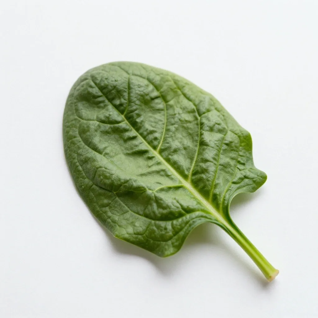 A single spinach leaf photographed as a nutrient specimen on white