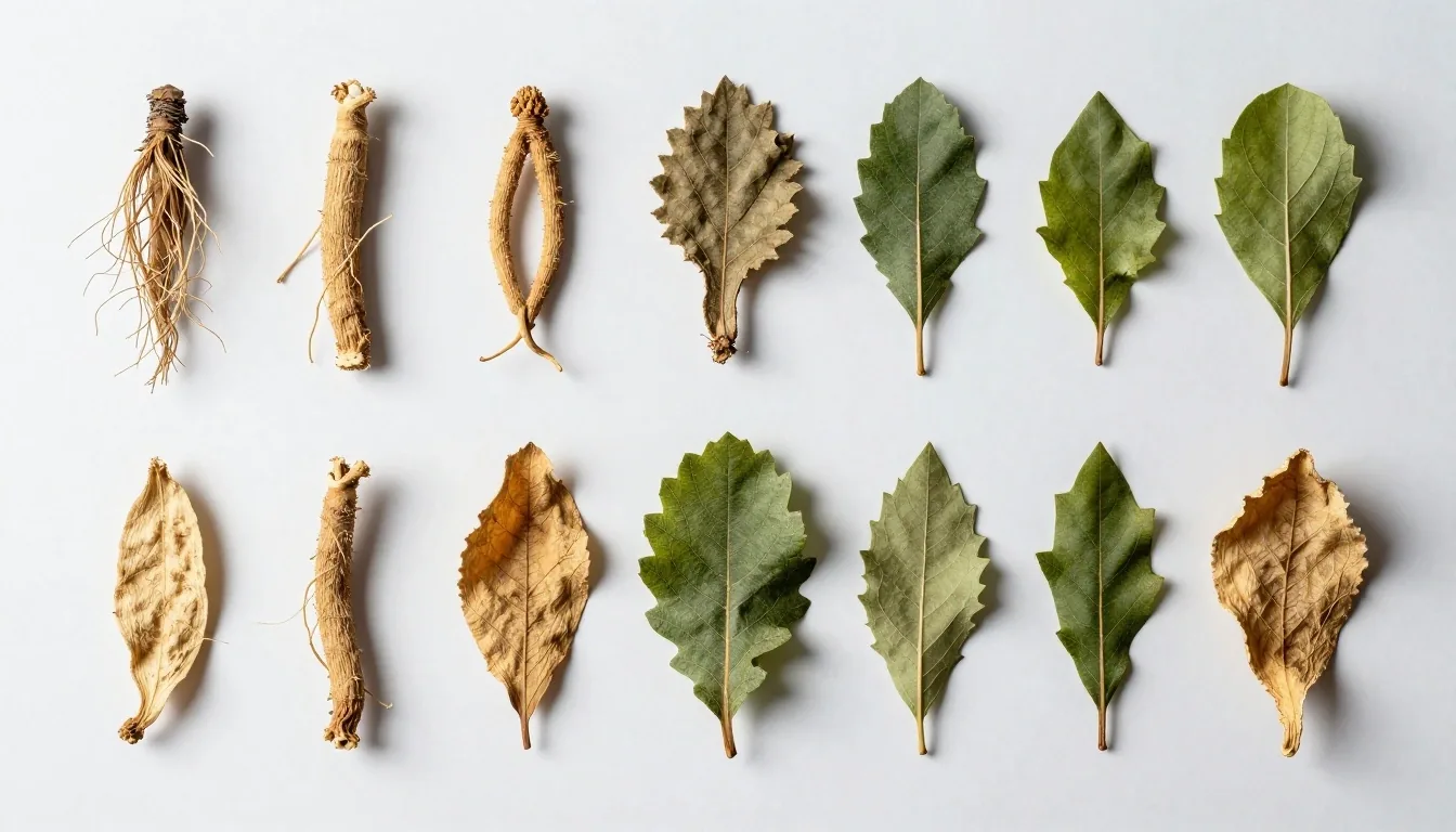 Botanical specimens arranged on a clean surface, photographed like assay samples