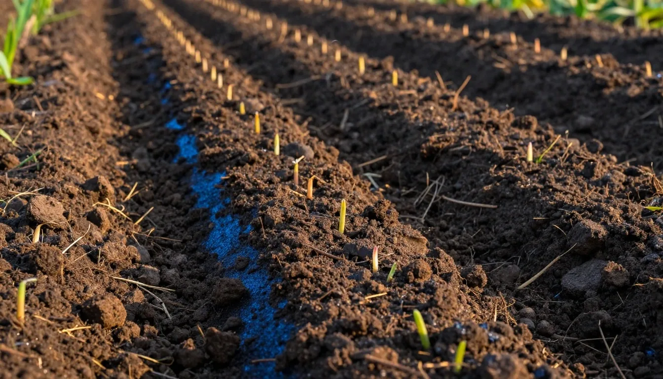 Dawn garden furrow beds with early sunlight