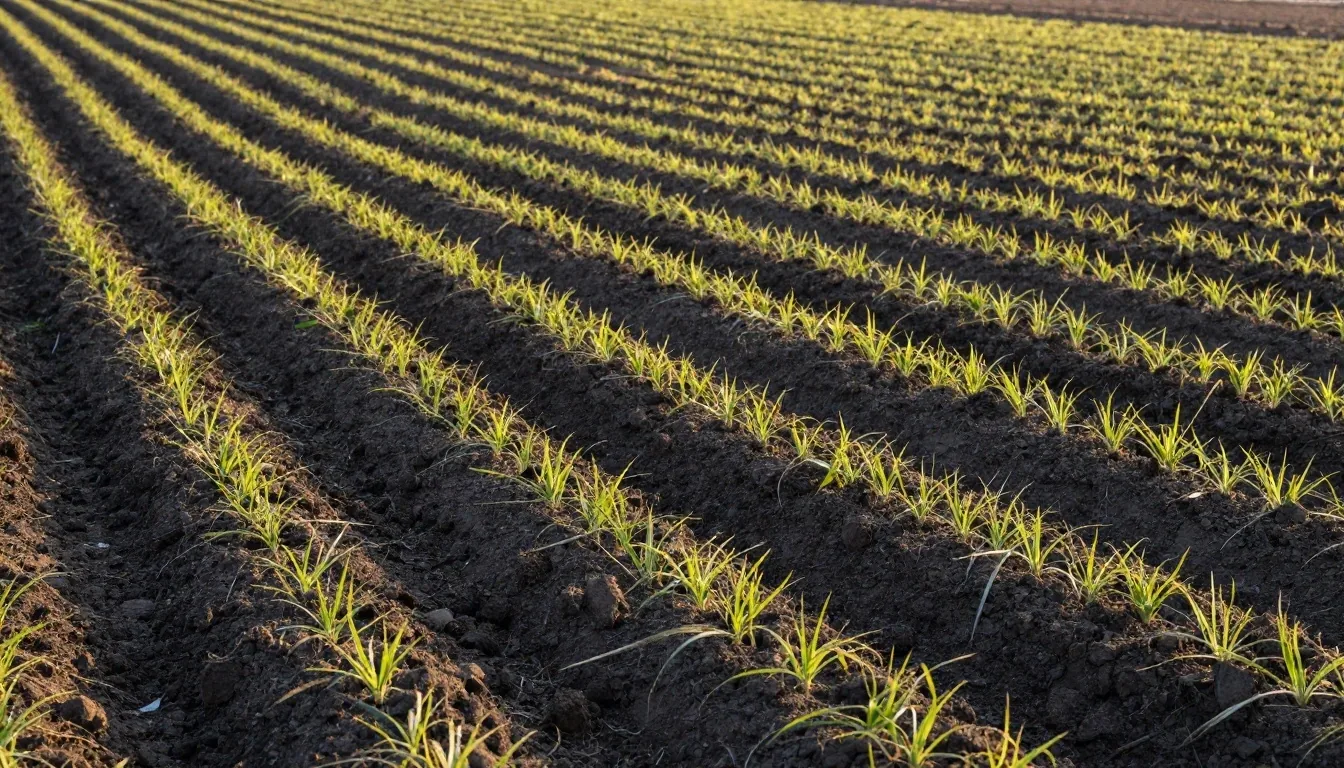 Dawn garden furrow rows with early sunlight