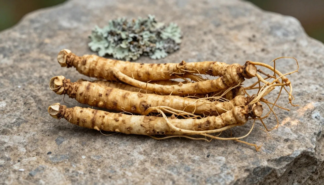 Ginseng and maca root specimens on a stone surface
