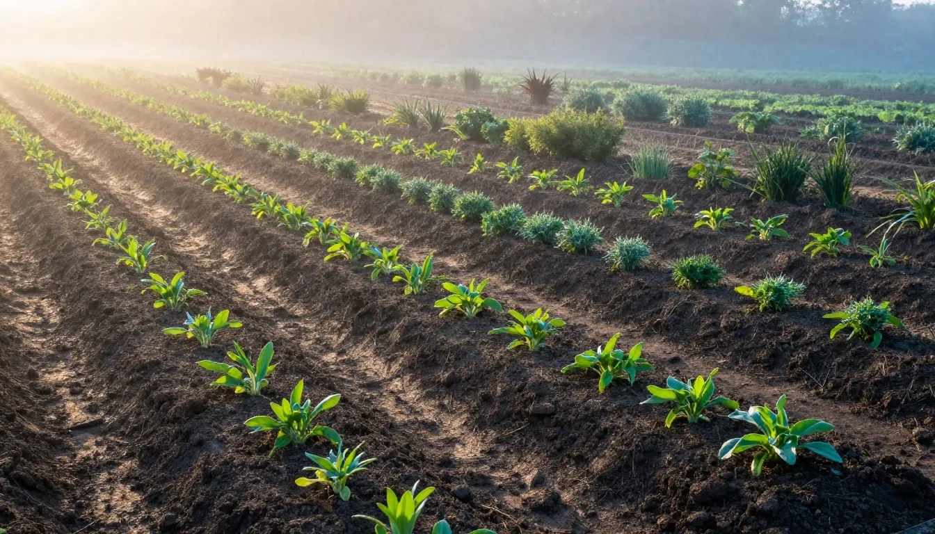 Dawn garden beds with furrowed soil rows and green shoots in early morning light