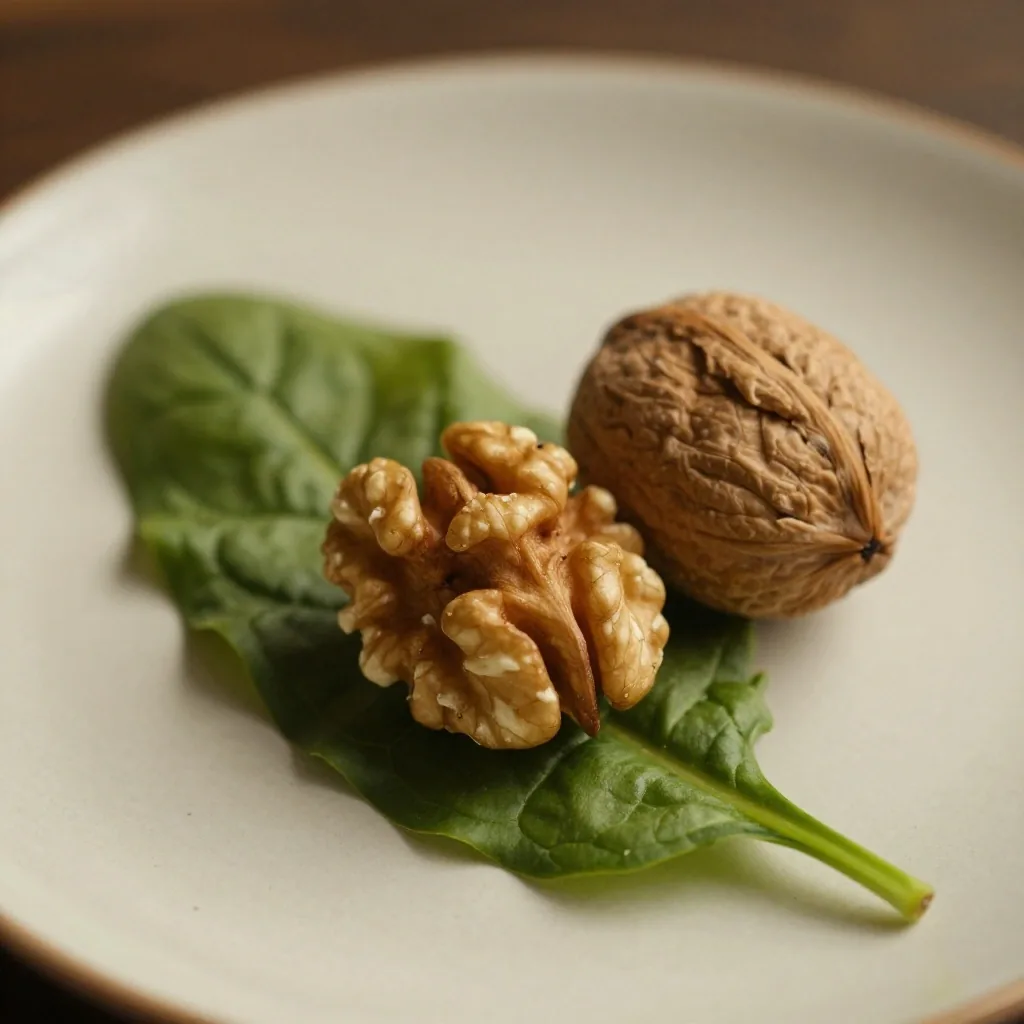 Spinach leaf and walnut as a nutrient specimen on white surface