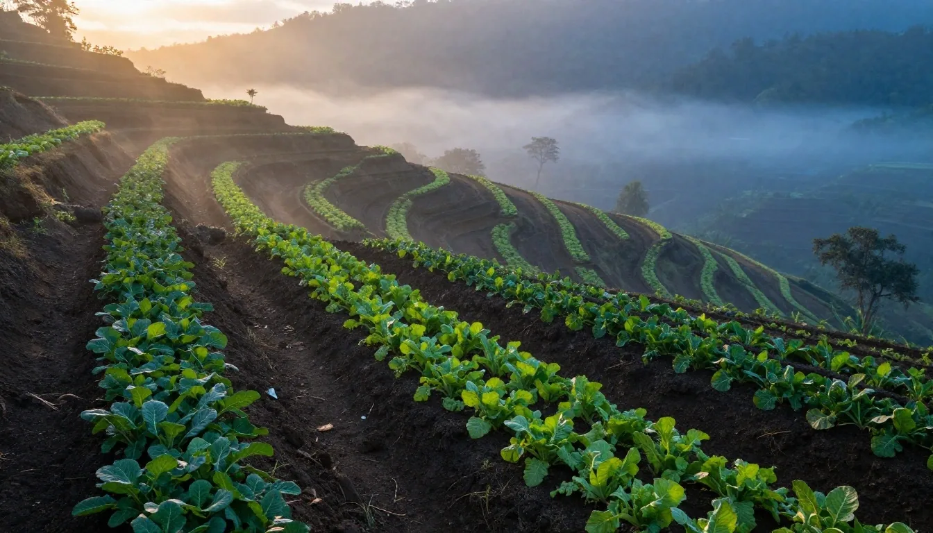Dawn garden beds with furrow rows and young green shoots
