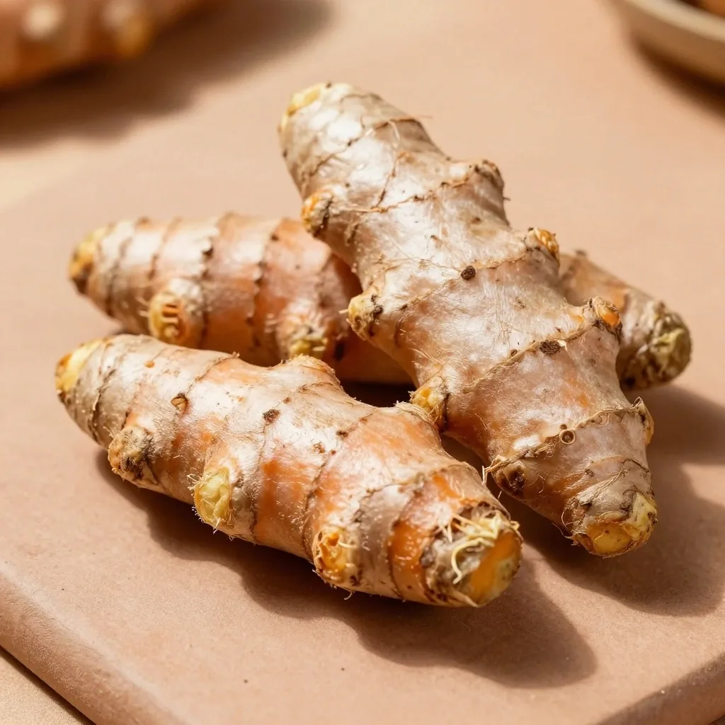 Fresh turmeric and ginger roots on a white surface