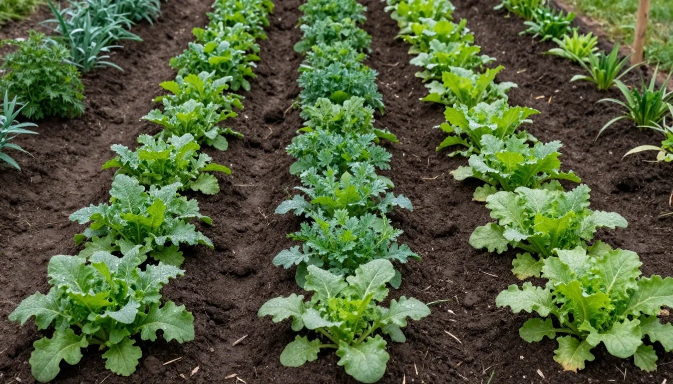 Overhead view of garden beds with green plants in furrowed soil
