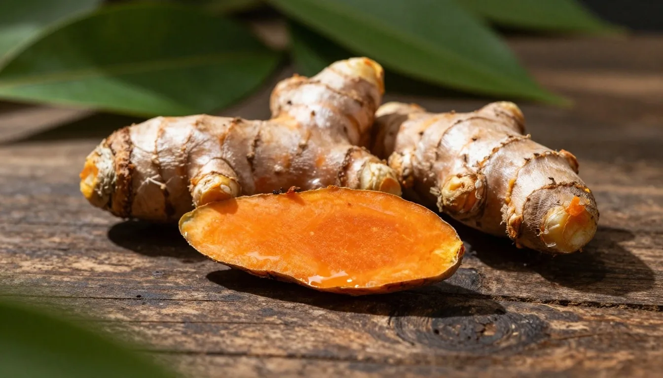 Fresh turmeric and ginger roots arranged on a clean surface