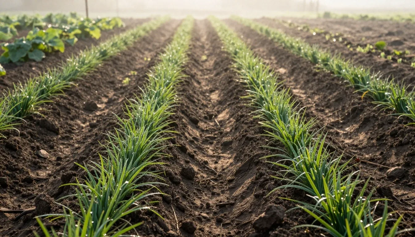 Dawn garden beds with furrowed soil rows and green shoots in early morning light
