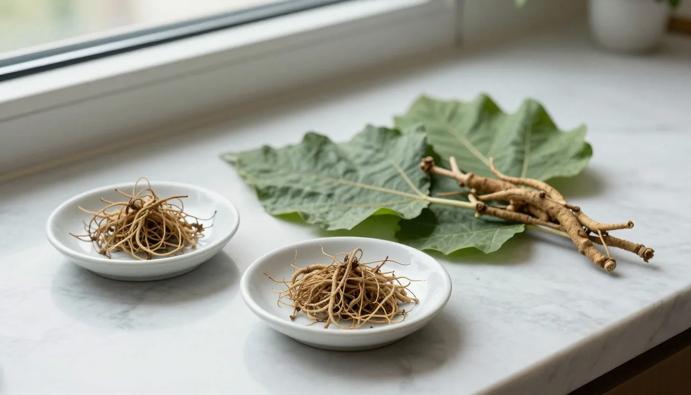 Botanical specimens arranged on a clean white surface