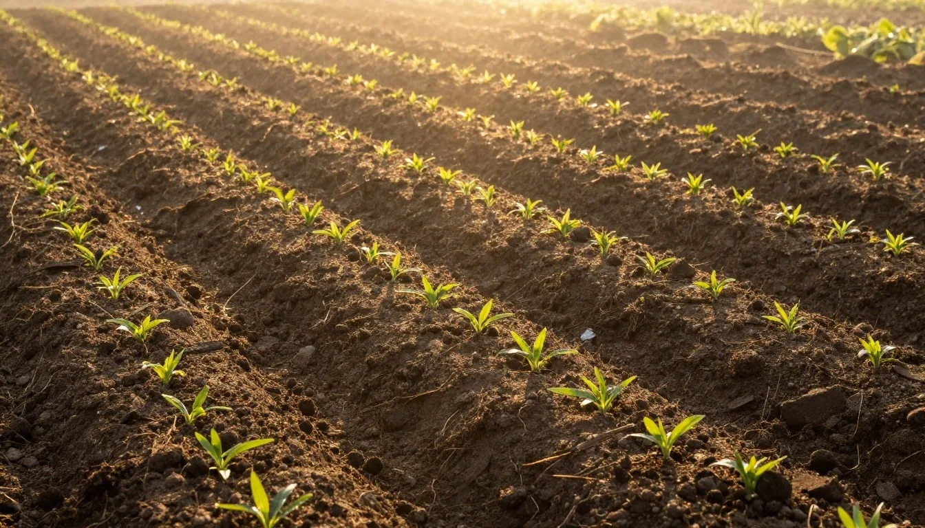 Dawn light over garden furrows with green shoots emerging from rich soil