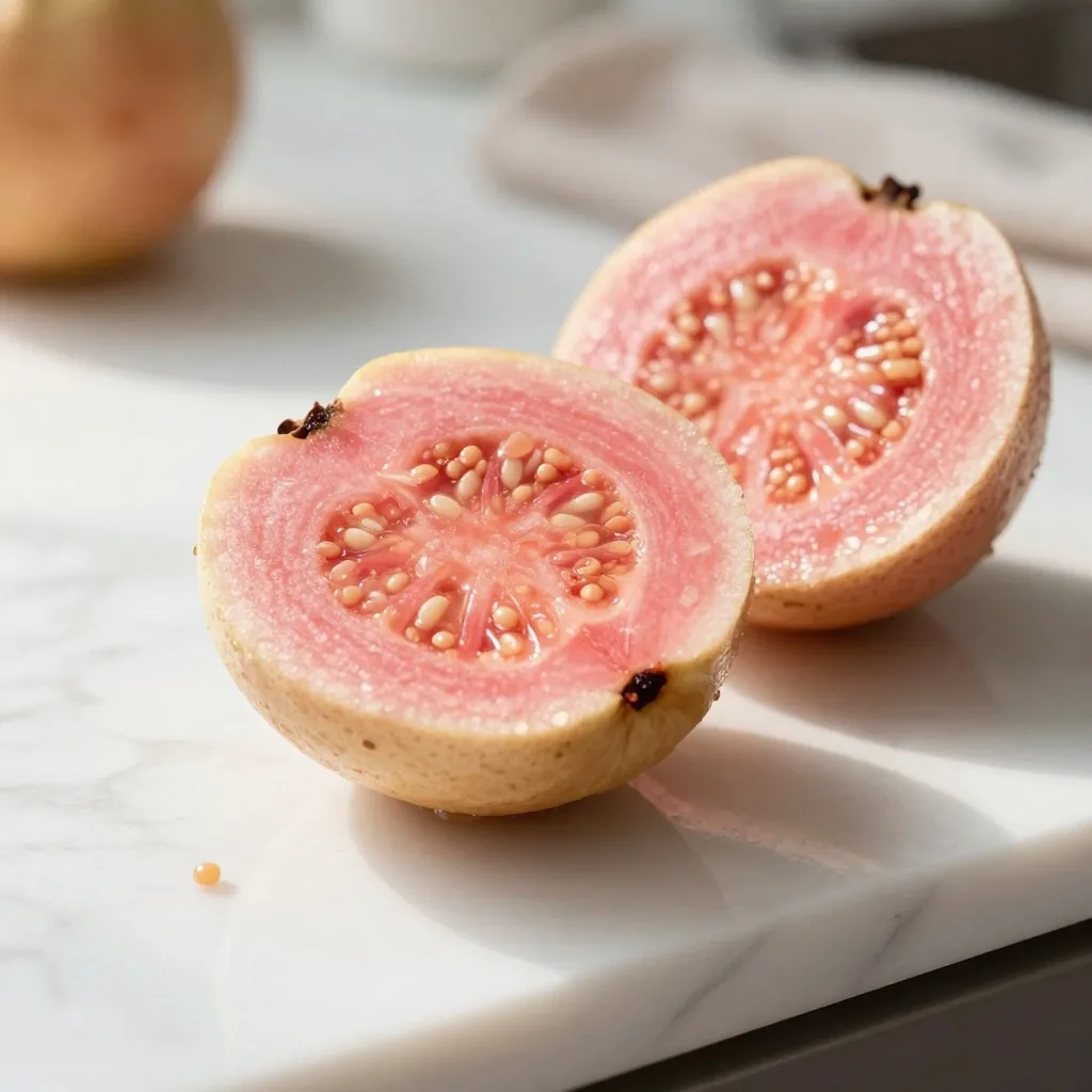 Fresh guava cut in half on a white surface