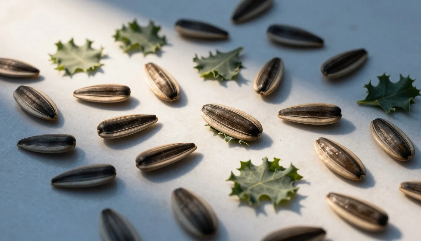 Leafy greens and seeds arranged on a white surface